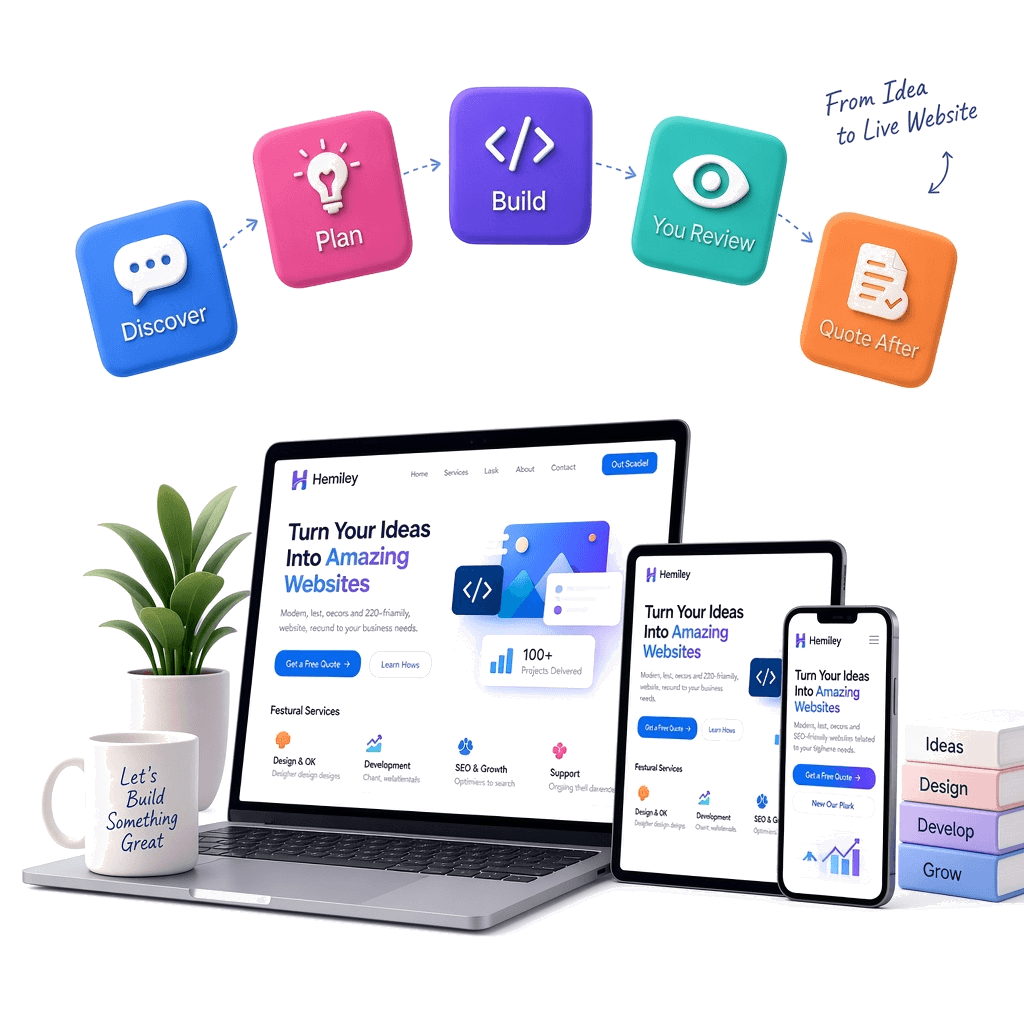 From idea to live website — laptop, tablet, and phone with Discover, Plan, Build, You Review, Quote After
